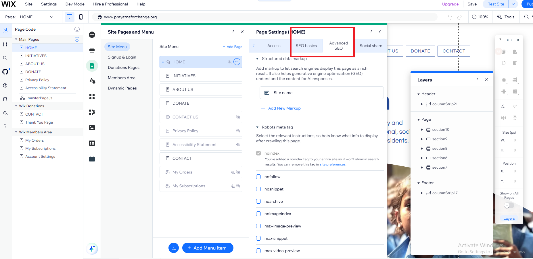 the image shows SEO optimization options in Wix