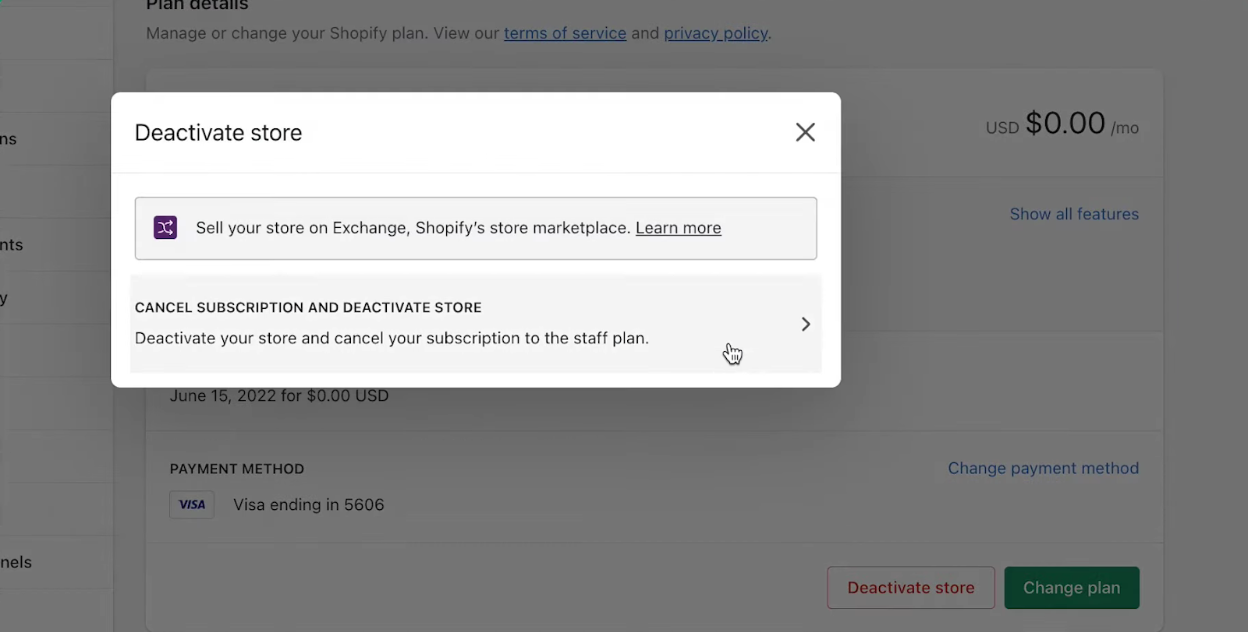 shopify deactivate store