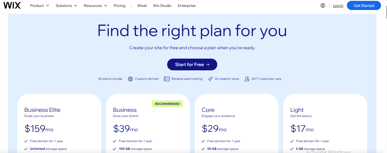 this image shows Wix pricing plans